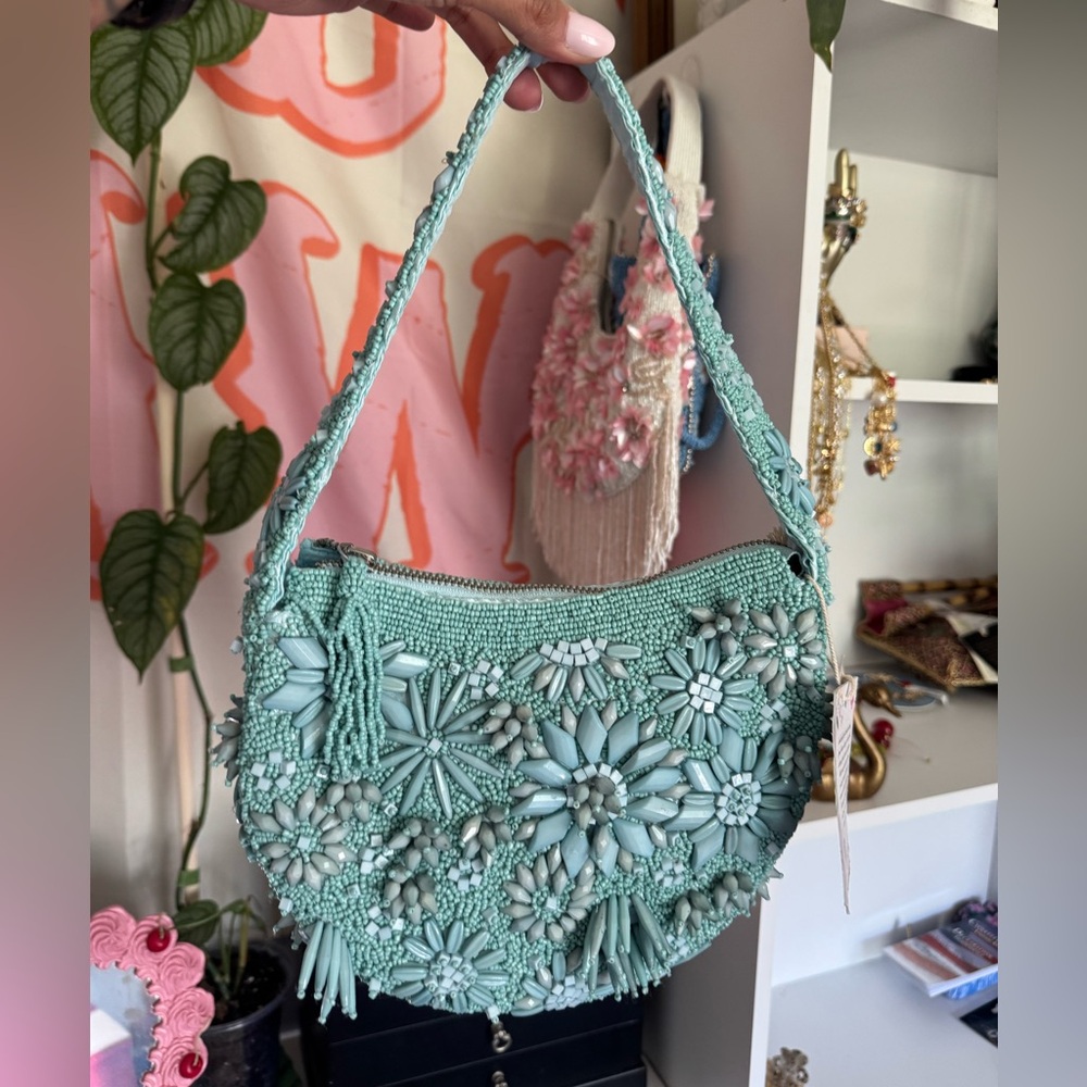 Floral Beaded Bag - Mint Green